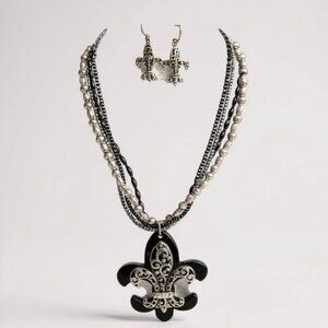 Four Strand Black And Silver Bead Fleur De Lis pendant Necklace Earring Set